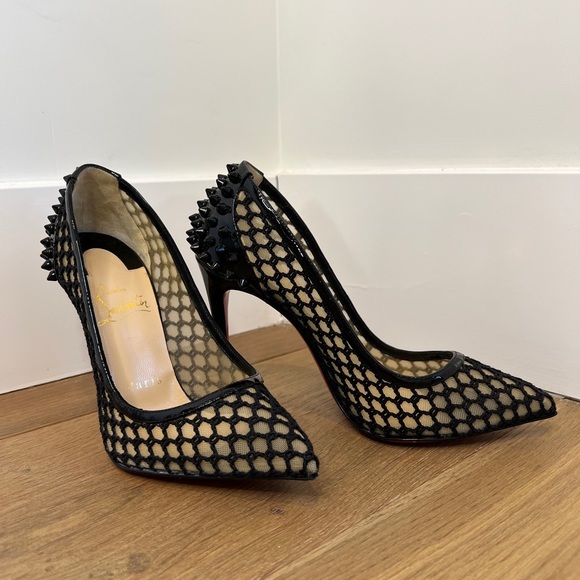 Christian Louboutin Black Mesh And Patent Leather Spike Guni Pumps - Picture 2 of 5